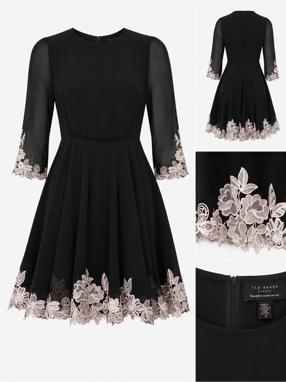 Ted Baker London Black Embroidered Fit & Flare Dress Size 0 Floral Hem
